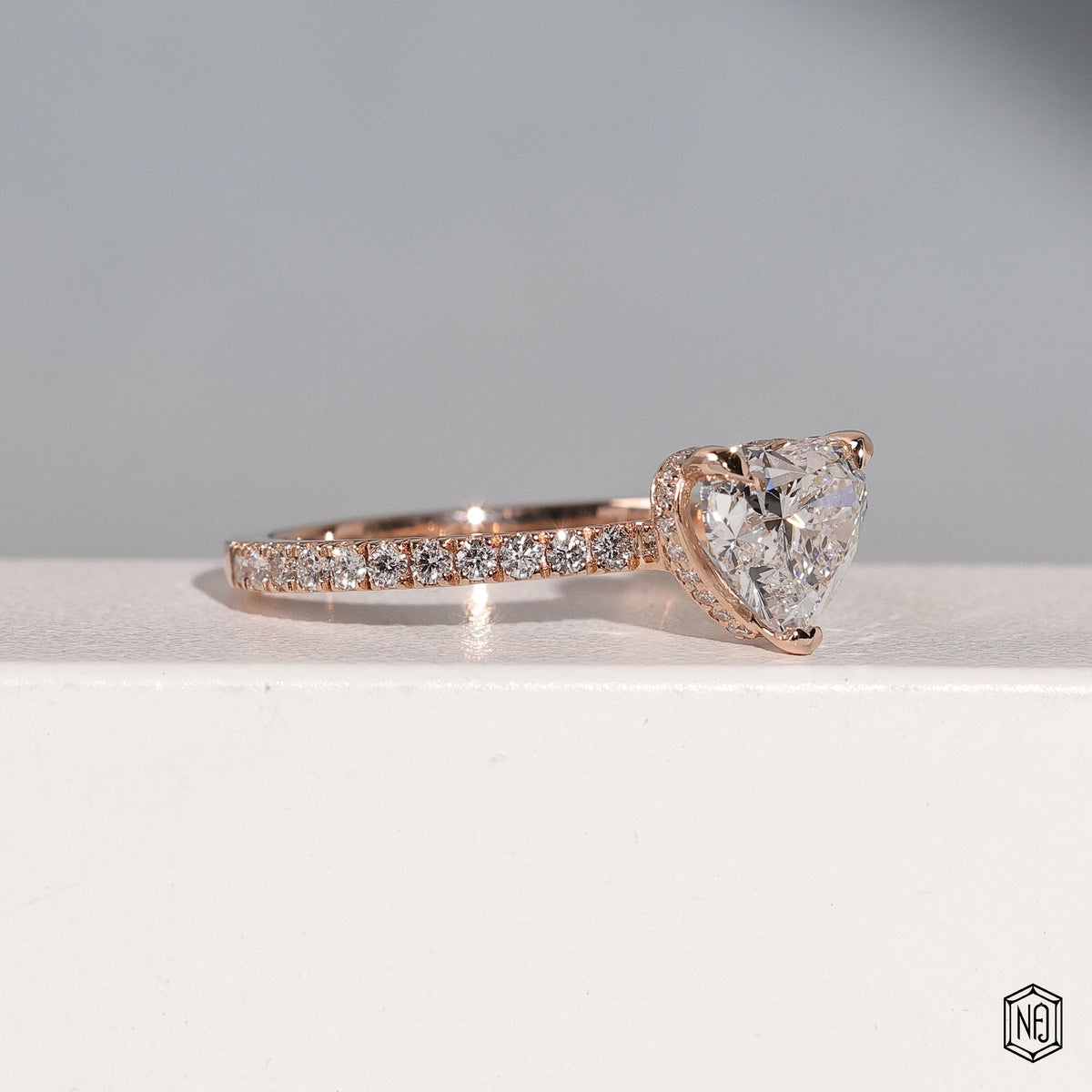 1.93 Carat Heart Cut Lab Grown Diamond Delicate Hidden Halo Engagement Ring - Gallery & Prongs Detail