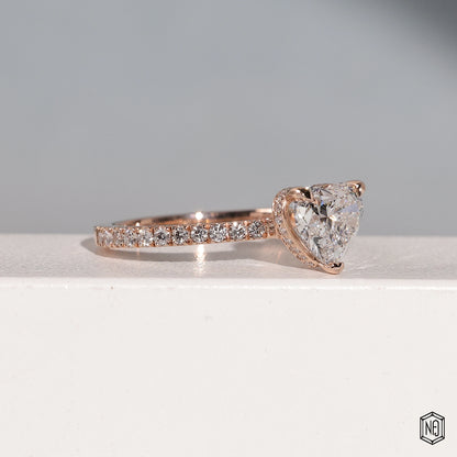 1.93 Carat Heart Cut Lab Grown Diamond Delicate Hidden Halo Engagement Ring - Gallery & Prongs Detail