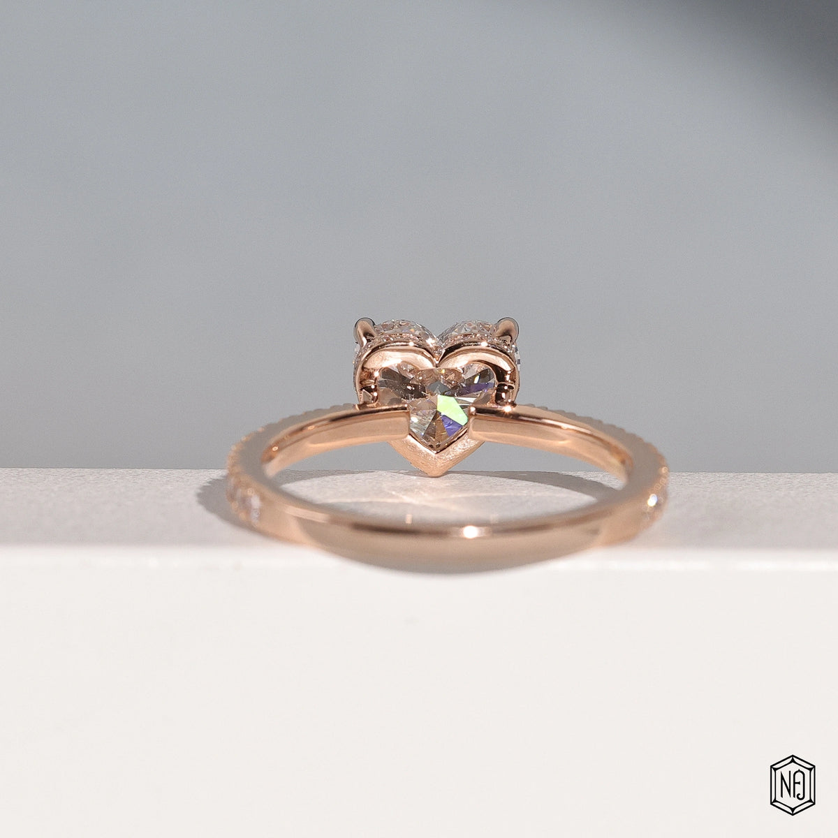 1.93 Carat Heart Cut Lab Grown Diamond Delicate Hidden Halo Engagement Ring - Hand View / Detail Angle