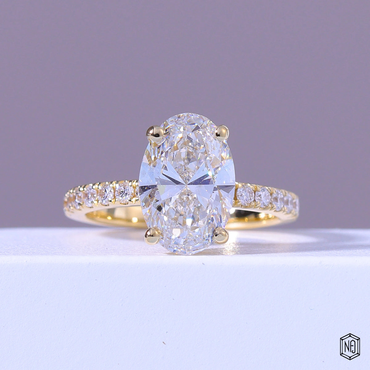 4.54 Carat Oval Cut Lab Grown Diamond Side Stone Pavé Engagement Ring - Front Top View