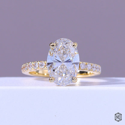 4.54 Carat Oval Cut Lab Grown Diamond Side Stone Pavé Engagement Ring - Front Top View