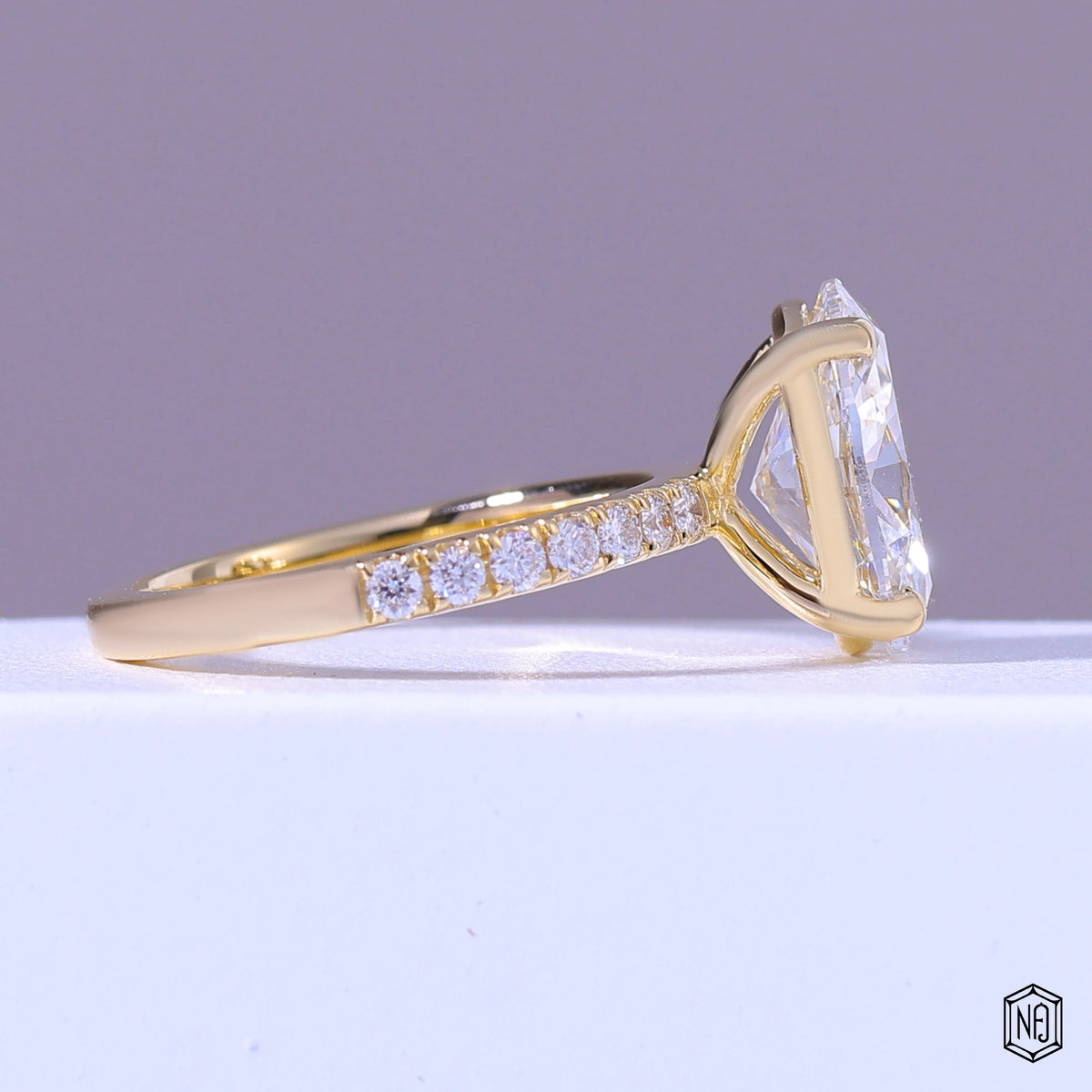4.54 Carat Oval Cut Lab Grown Diamond Side Stone Pavé Engagement Ring - Side Profile Angle