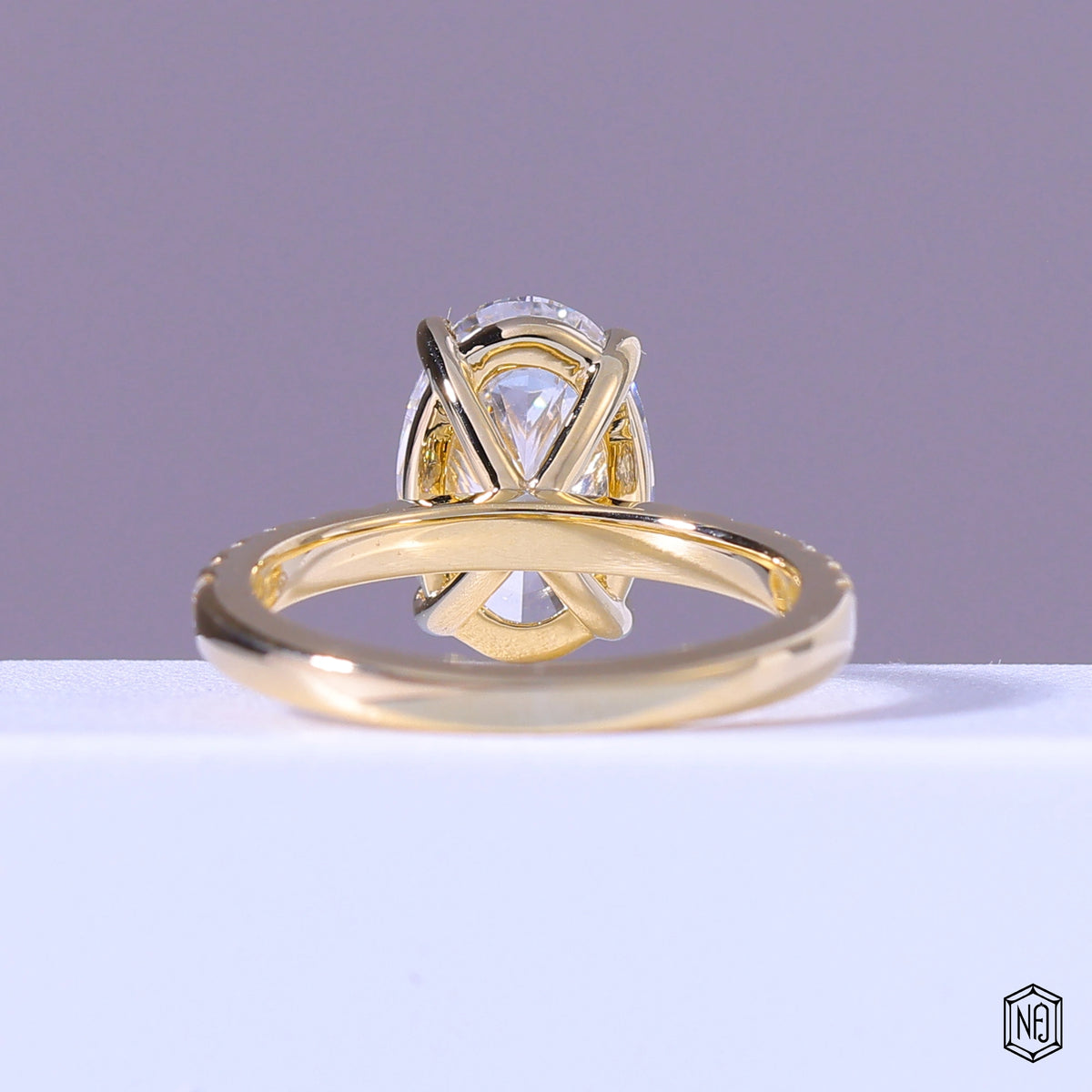 4.54 Carat Oval Cut Lab Grown Diamond Side Stone Pavé Engagement Ring - Hand View / Detail Angle