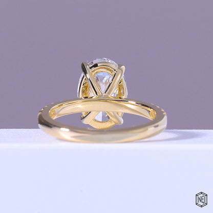 4.54 Carat Oval Cut Lab Grown Diamond Side Stone Pavé Engagement Ring - Hand View / Detail Angle