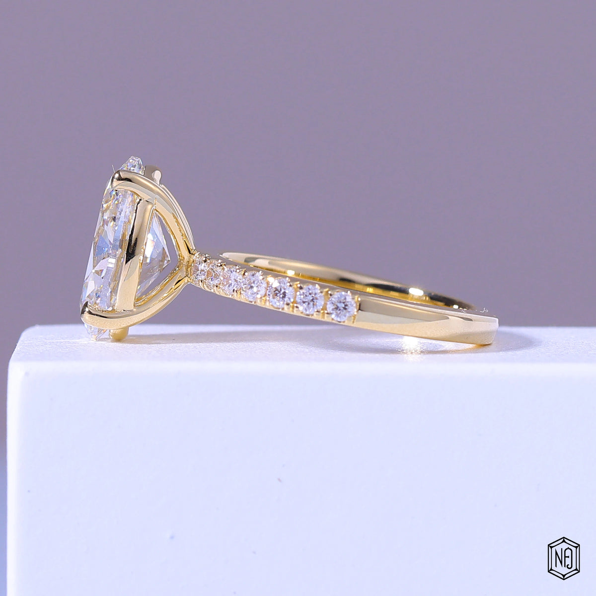 4.54 Carat Oval Cut Lab Grown Diamond Side Stone Pavé Engagement Ring - Angled Perspective
