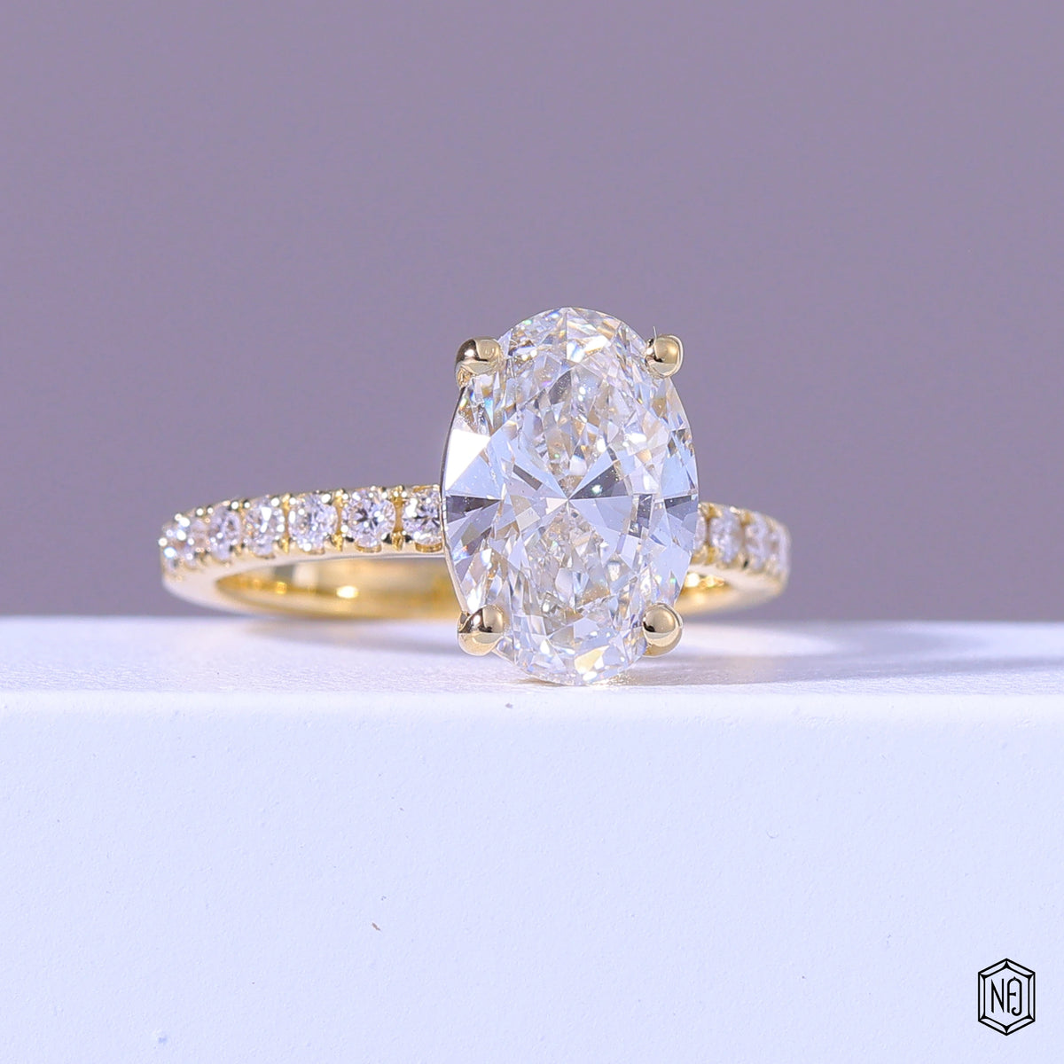 4.54 Carat Oval Cut Lab Grown Diamond Side Stone Pavé Engagement Ring - Gallery & Prongs Detail