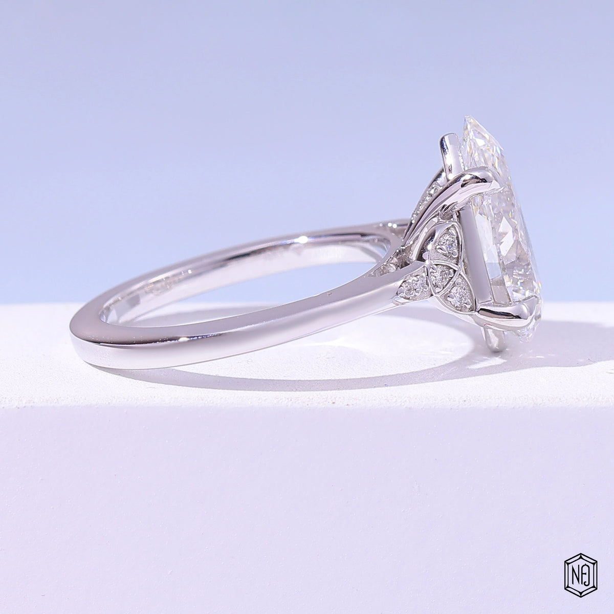 4.03 Carat Pear Cut Lab Grown Diamond Vintage Inspired Heirloom Engagement Ring - Side Profile Angle