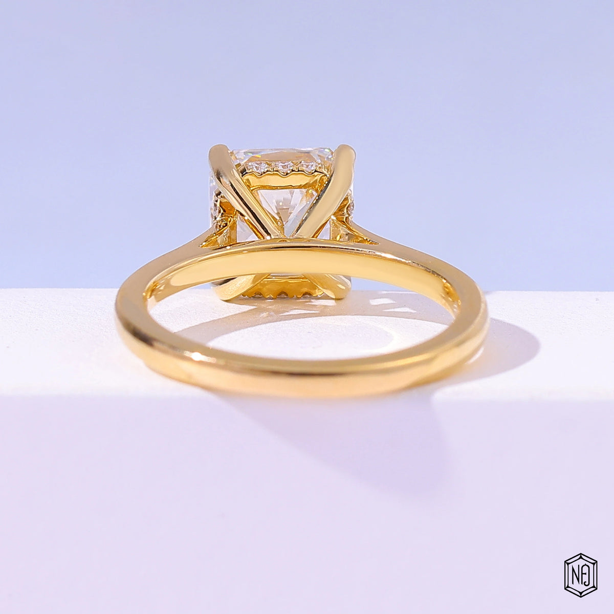 3.05 Carat Radiant Cut Lab Grown Diamond Delicate Hidden Halo Engagement Ring - Hand View / Detail Angle
