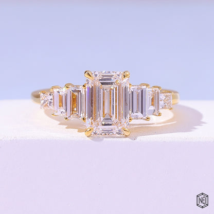 2.5 Carat Emerald Cut Lab Grown Diamond Trellis Three-Stone Engagement Ring - Front Top View