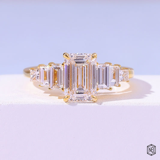 2.5 Carat Emerald Cut Lab Grown Diamond Trellis Three-Stone Engagement Ring - Front Top View
