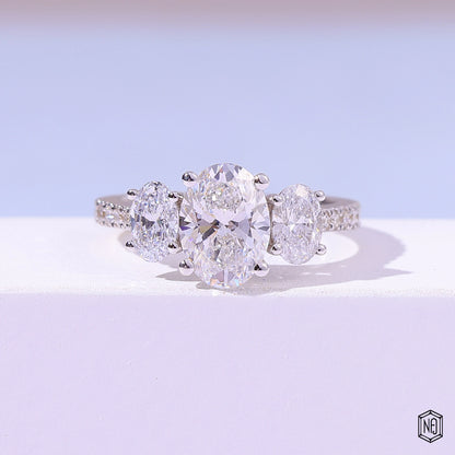 2 Carat Oval Cut Lab Grown Diamond Trellis Three-Stone Engagement Ring - Front Top View