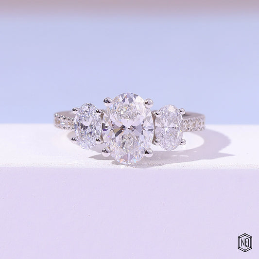 2 Carat Oval Cut Lab Grown Diamond Trellis Three-Stone Engagement Ring - Front Top View