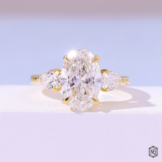 4.06 Carat Oval Cut Lab Grown Diamond Trellis Three-Stone Engagement Ring - Front Top View