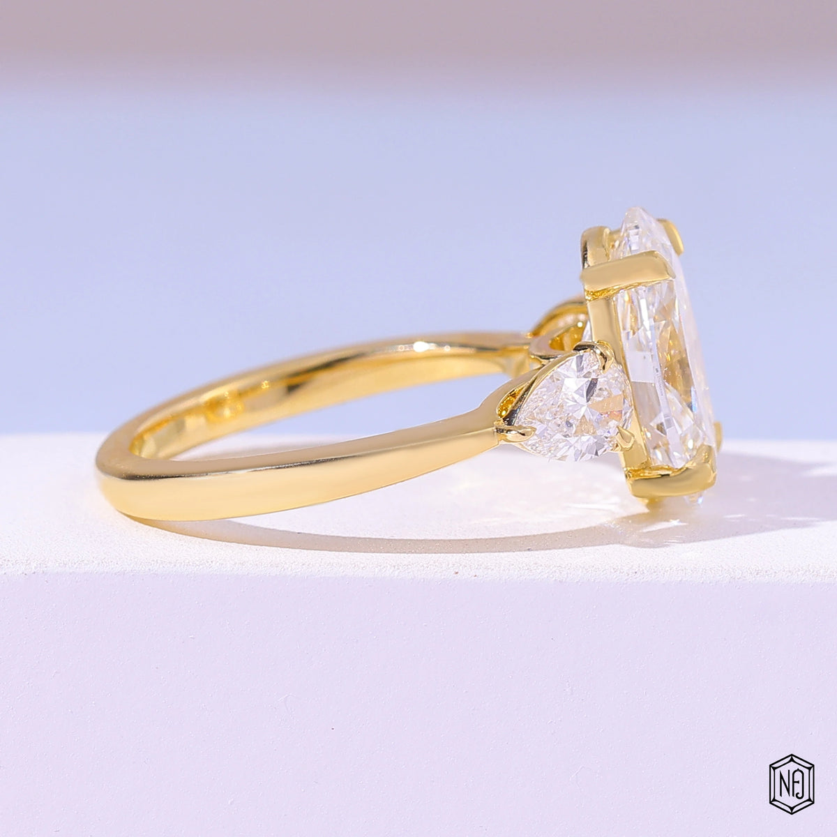 4.06 Carat Oval Cut Lab Grown Diamond Trellis Three-Stone Engagement Ring - Side Profile Angle