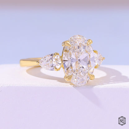 4.06 Carat Oval Cut Lab Grown Diamond Trellis Three-Stone Engagement Ring - Gallery & Prongs Detail