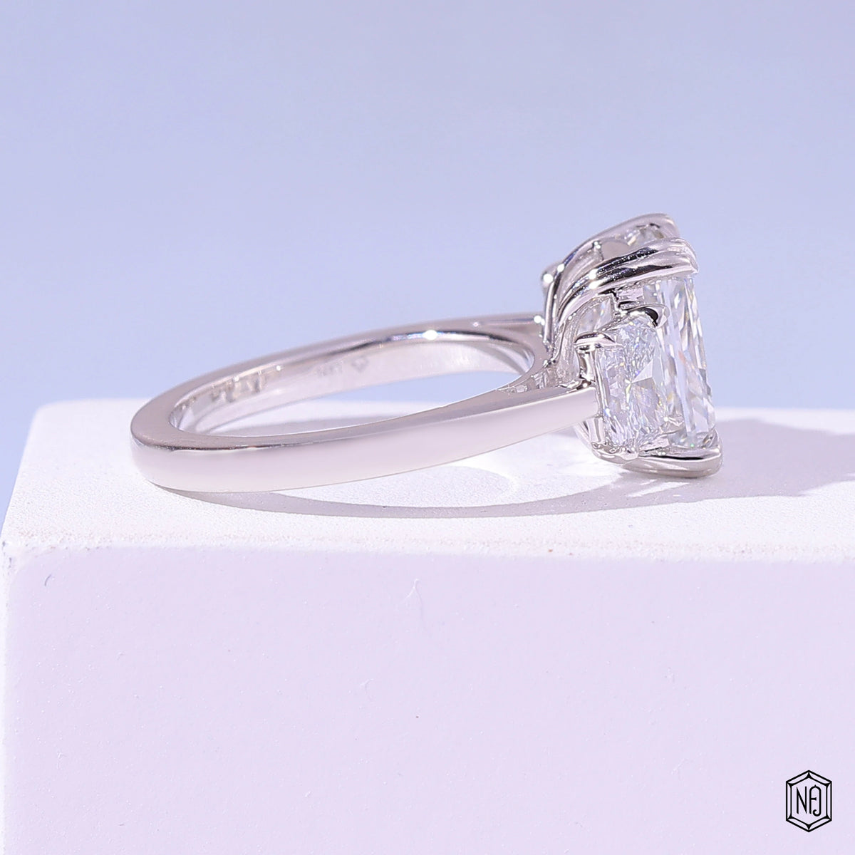 2.52 Carat Radiant Cut Lab Grown Diamond Trellis Three-Stone Engagement Ring - Side Profile Angle
