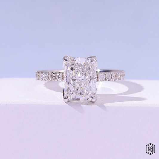 3 Carat Radiant Cut Lab Grown Diamond Side Stone Pavé Engagement Ring - Front Top View