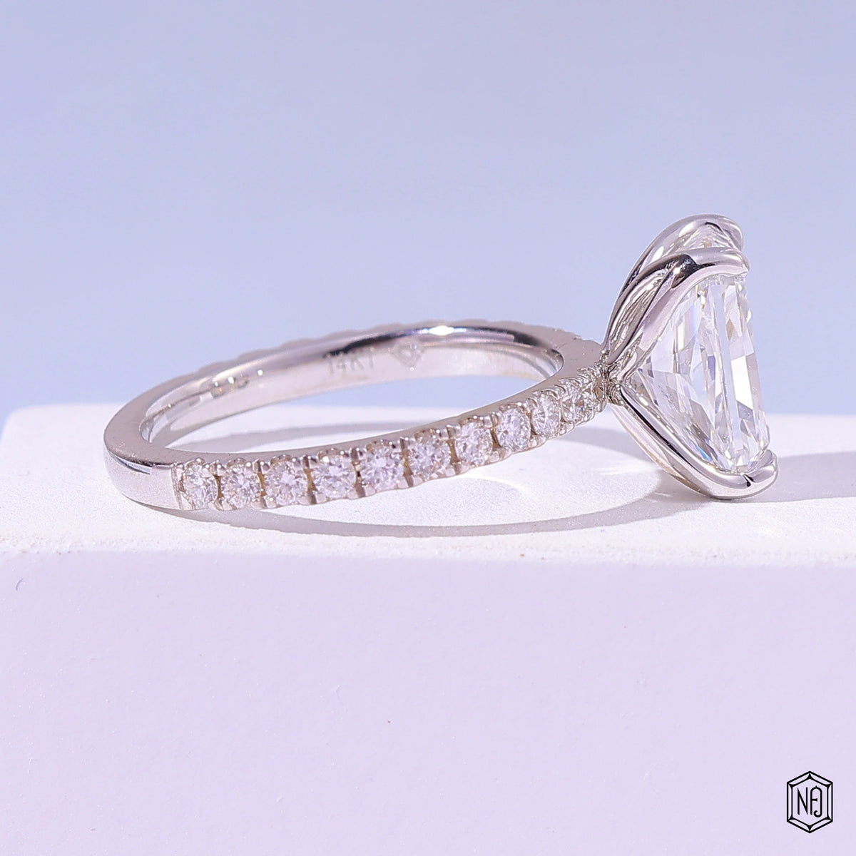 3 Carat Radiant Cut Lab Grown Diamond Side Stone Pavé Engagement Ring - Side Profile Angle
