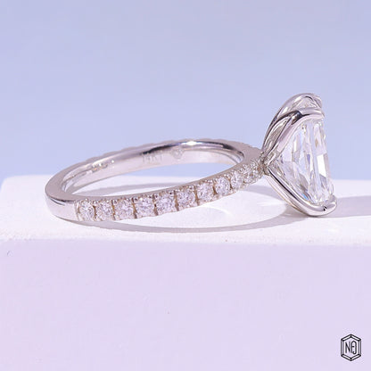 3 Carat Radiant Cut Lab Grown Diamond Side Stone Pavé Engagement Ring - Side Profile Angle