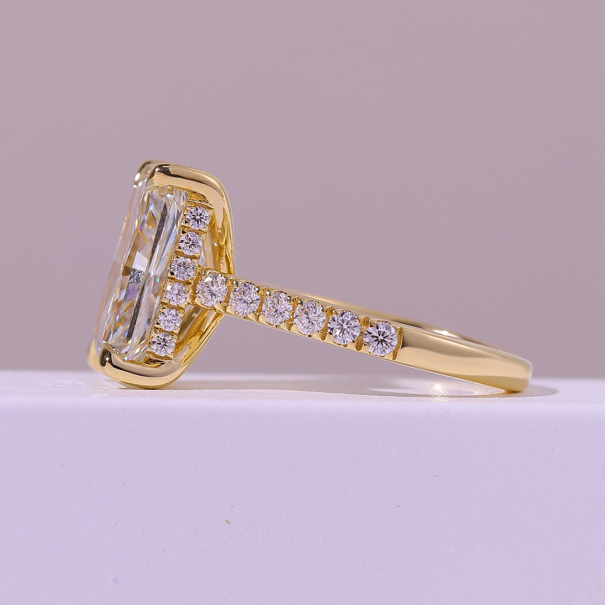 5.02 Carat Radiant Cut Lab Grown Diamond Delicate Hidden Halo Engagement Ring - Angled Perspective