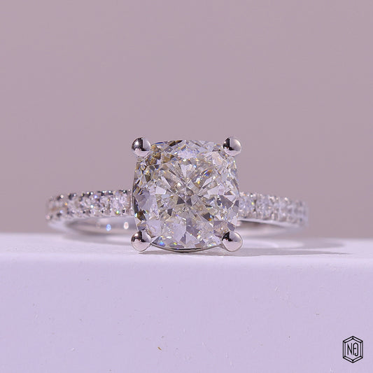 3.02 Carat Cushion Cut Lab Grown Diamond Side Stone Pavé Engagement Ring - Front Top View