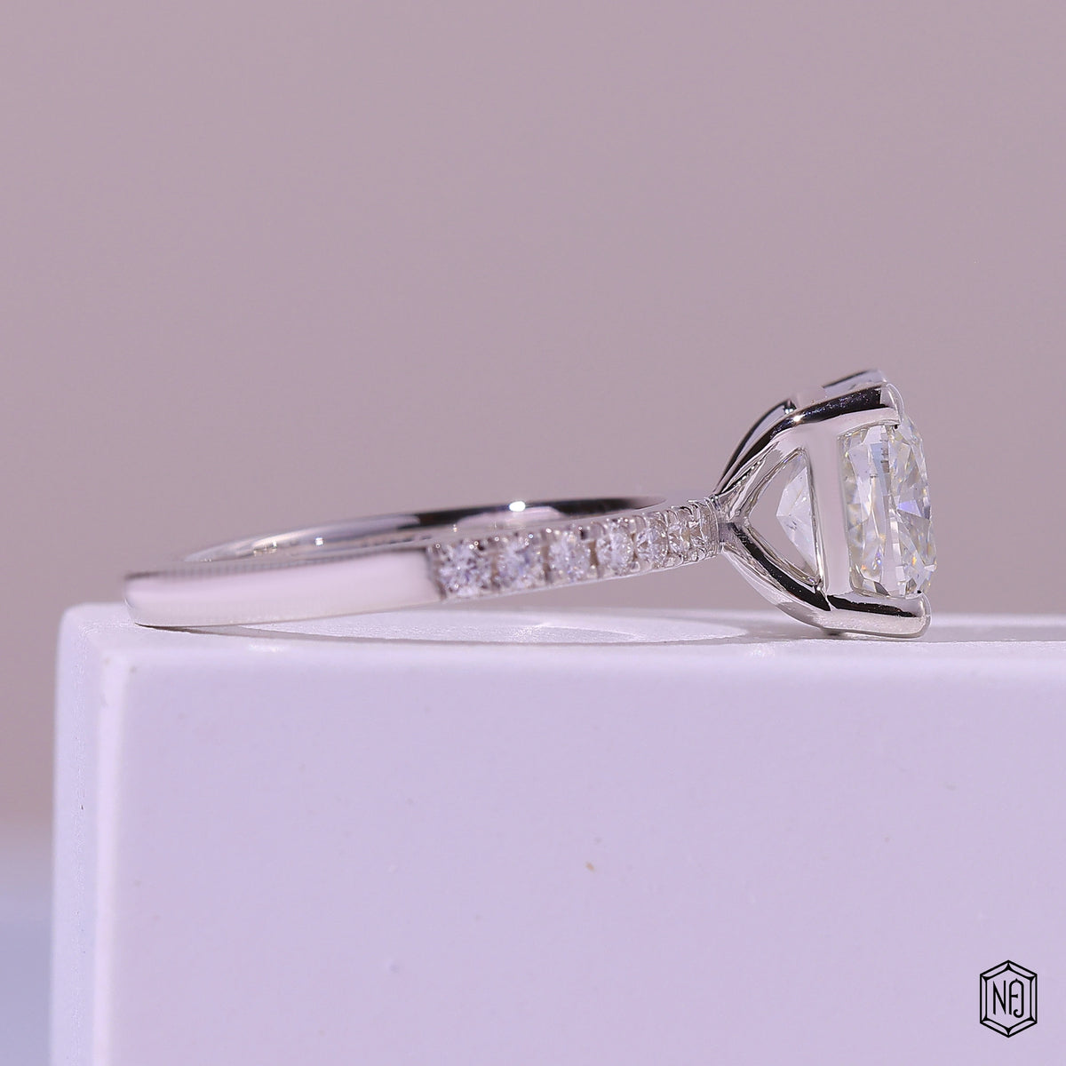 3.02 Carat Cushion Cut Lab Grown Diamond Side Stone Pavé Engagement Ring - Side Profile Angle