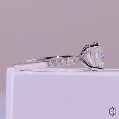 3.02 Carat Cushion Cut Lab Grown Diamond Side Stone Pavé Engagement Ring - Side Profile Angle