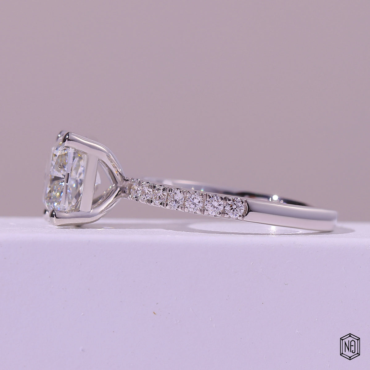 3.02 Carat Cushion Cut Lab Grown Diamond Side Stone Pavé Engagement Ring - Angled Perspective