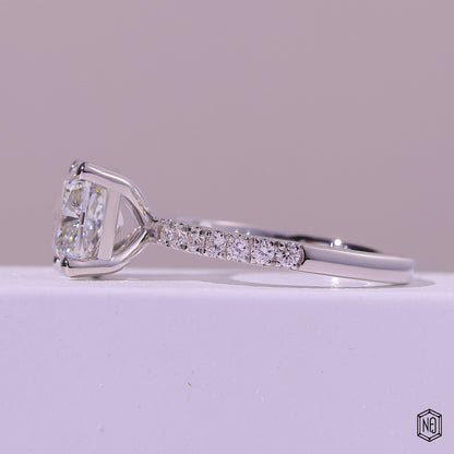 3.02 Carat Cushion Cut Lab Grown Diamond Side Stone Pavé Engagement Ring - Angled Perspective