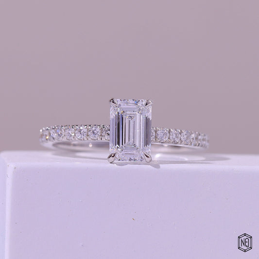 1.47 Carat Emerald Cut Lab Grown Diamond Side Stone Pavé Engagement Ring - Front Top View