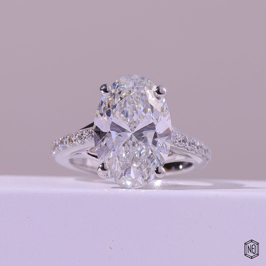 5.07 Carat Oval Cut Lab Grown Diamond Side Stone Pavé Engagement Ring - Front Top View