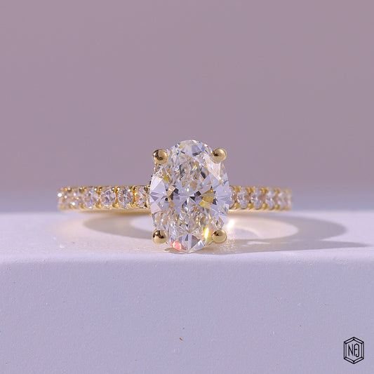 1.58 Carat Oval Cut Lab Grown Diamond Delicate Hidden Halo Engagement Ring - Front Top View