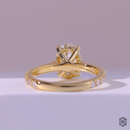 1.58 Carat Oval Cut Lab Grown Diamond Delicate Hidden Halo Engagement Ring - Hand View / Detail Angle