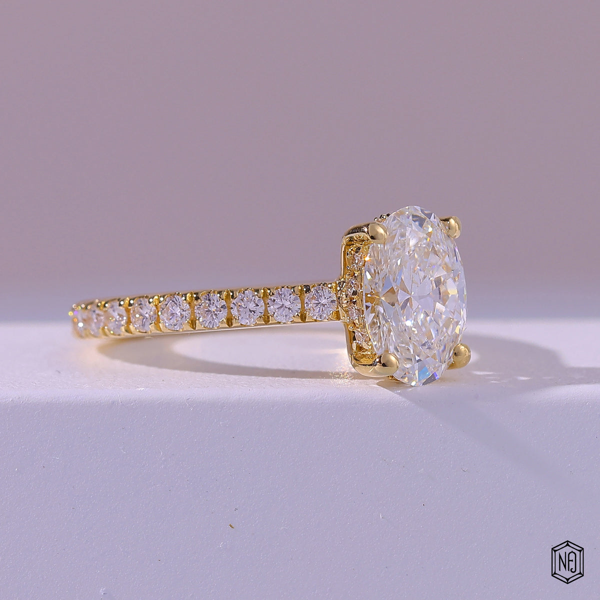 1.58 Carat Oval Cut Lab Grown Diamond Delicate Hidden Halo Engagement Ring - Gallery & Prongs Detail