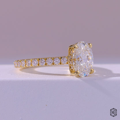 1.58 Carat Oval Cut Lab Grown Diamond Delicate Hidden Halo Engagement Ring - Gallery & Prongs Detail