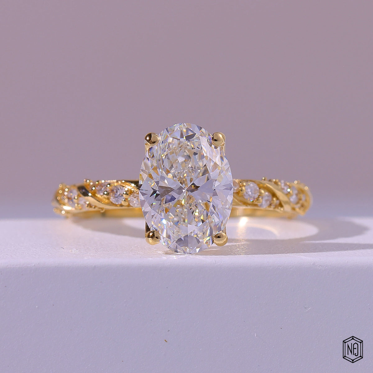 3.11 Carat Oval Cut Lab Grown Diamond Side Stone Pavé Engagement Ring - Front Top View