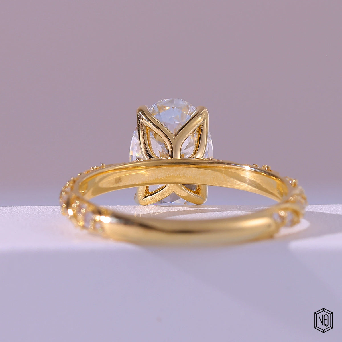 3.11 Carat Oval Cut Lab Grown Diamond Side Stone Pavé Engagement Ring - Hand View / Detail Angle