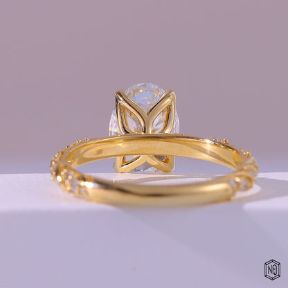 3.11 Carat Oval Cut Lab Grown Diamond Side Stone Pavé Engagement Ring - Hand View / Detail Angle