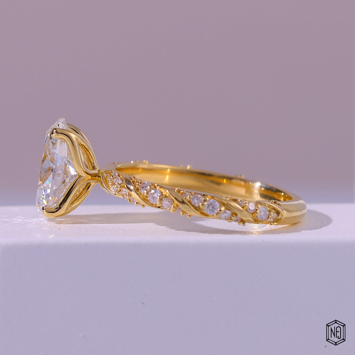 3.11 Carat Oval Cut Lab Grown Diamond Side Stone Pavé Engagement Ring - Angled Perspective