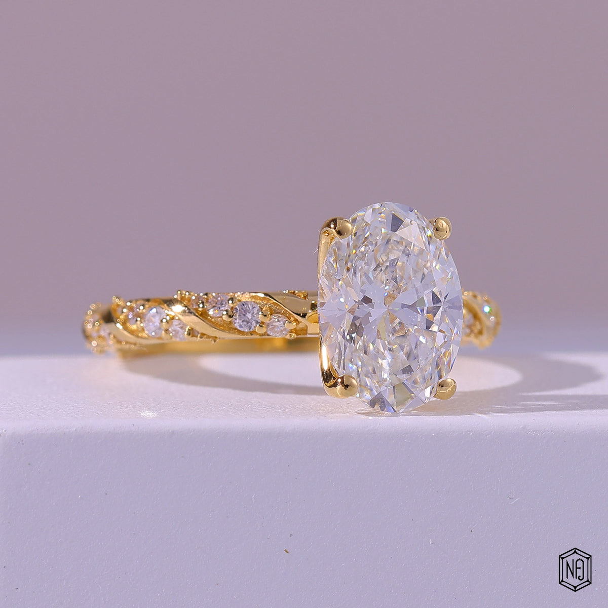 3.11 Carat Oval Cut Lab Grown Diamond Side Stone Pavé Engagement Ring - Gallery & Prongs Detail