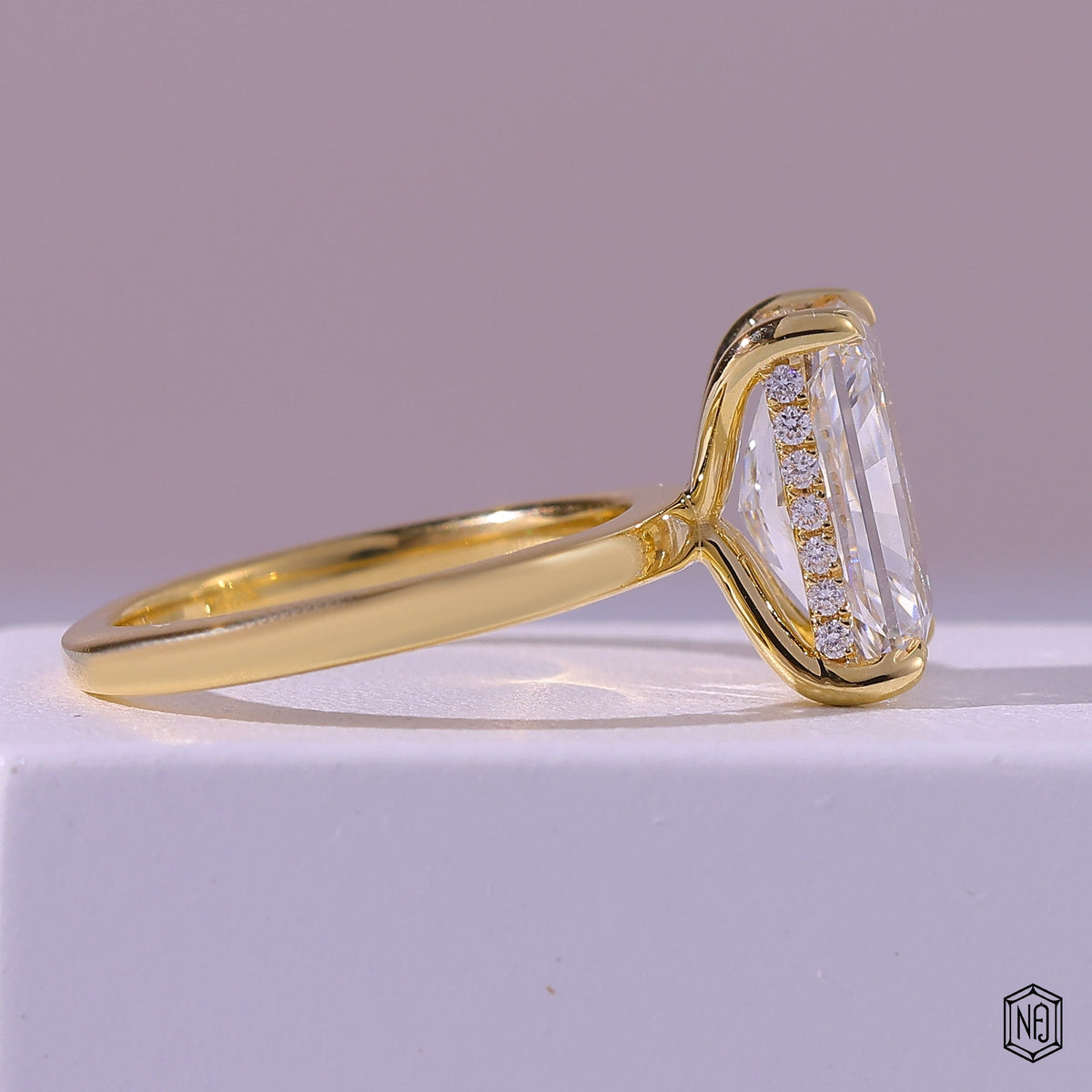 3.41 Carat Radiant Cut Lab Grown Diamond Delicate Hidden Halo Engagement Ring - Side Profile Angle
