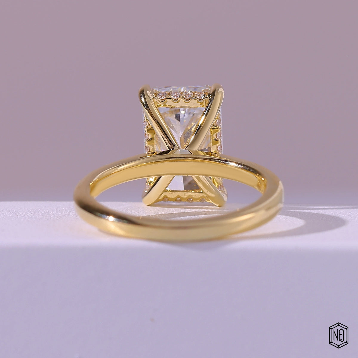 3.41 Carat Radiant Cut Lab Grown Diamond Delicate Hidden Halo Engagement Ring - Hand View / Detail Angle
