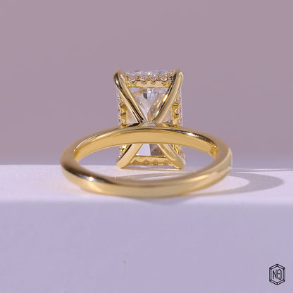 3.41 Carat Radiant Cut Lab Grown Diamond Delicate Hidden Halo Engagement Ring - Hand View / Detail Angle