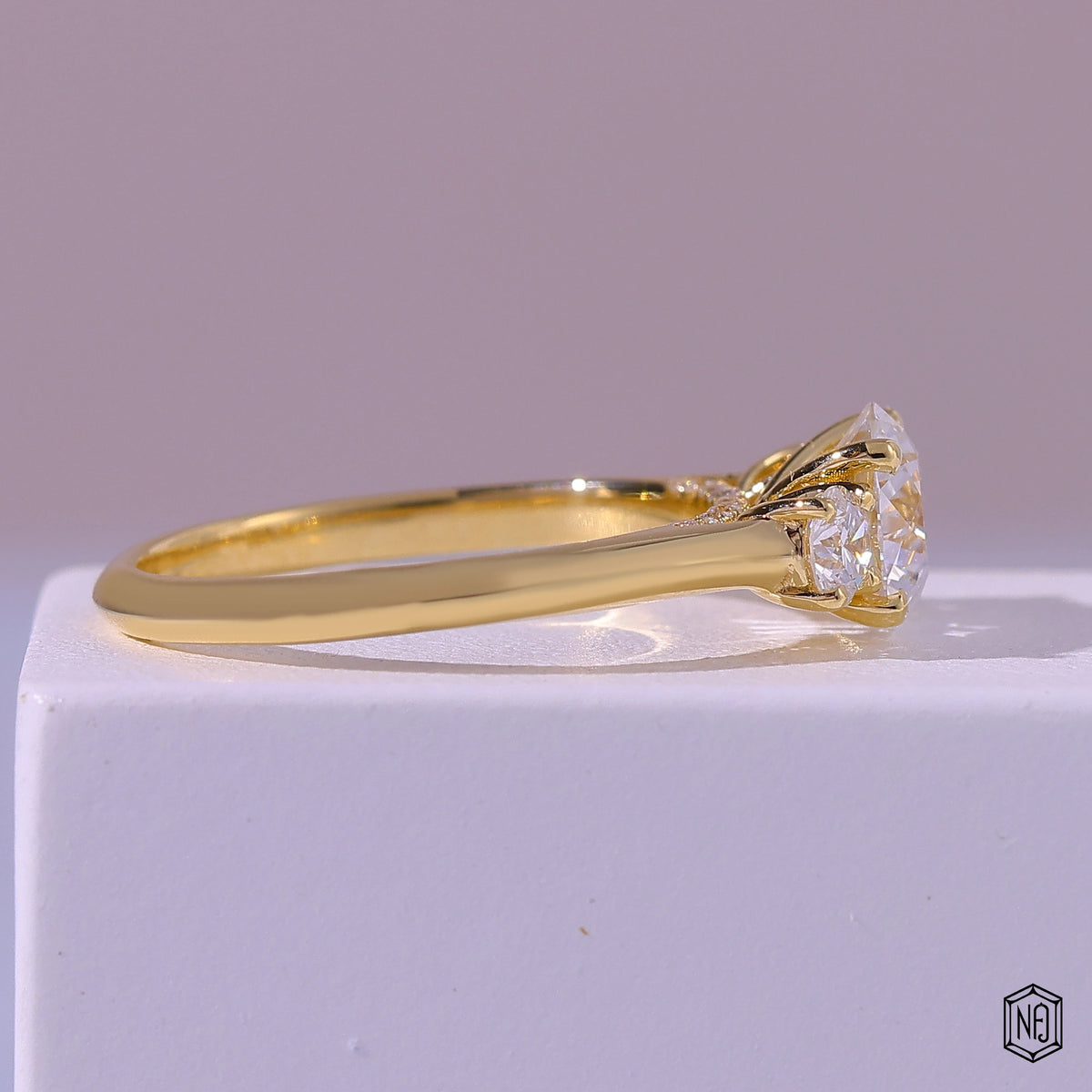 1.19 Carat Round Cut Lab Grown Diamond Trellis Three-Stone Engagement Ring - Side Profile Angle