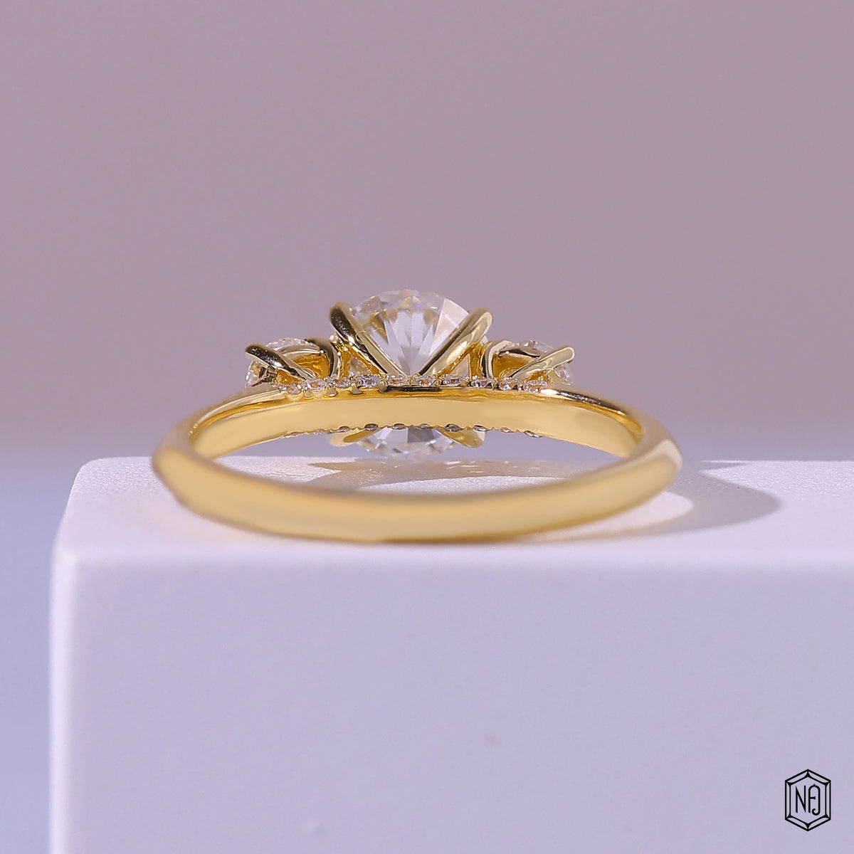 1.19 Carat Round Cut Lab Grown Diamond Trellis Three-Stone Engagement Ring - Hand View / Detail Angle