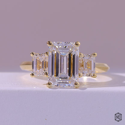 2.99 Carat Emerald Cut Lab Grown Diamond Trellis Three-Stone Engagement Ring - Front Top View