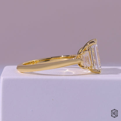 2.99 Carat Emerald Cut Lab Grown Diamond Trellis Three-Stone Engagement Ring - Side Profile Angle