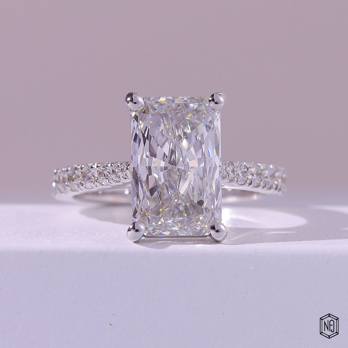 4.01 Carat Radiant Cut Lab Grown Diamond Side Stone Pavé Engagement Ring - Front Top View
