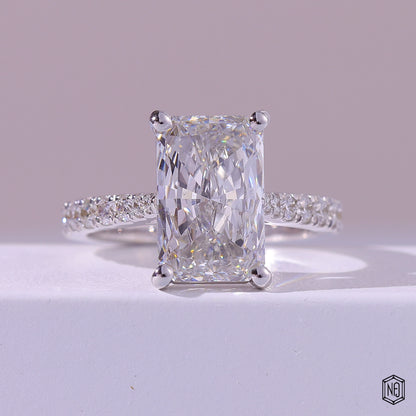 4.01 Carat Radiant Cut Lab Grown Diamond Side Stone Pavé Engagement Ring - Front Top View