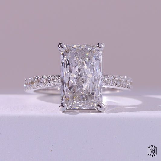 4.01 Carat Radiant Cut Lab Grown Diamond Side Stone Pavé Engagement Ring - Front Top View